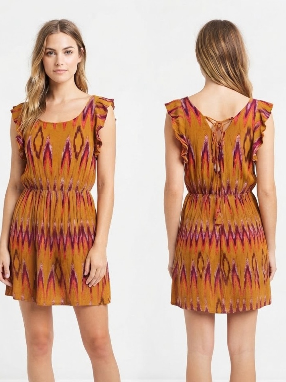 LDLA Mustard Yellow Ikat Print Crinkle Ruffle Lace Up Tie-Back Dress Size Medium